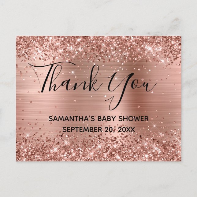 Glittery Rose Gold Foil Baby Shower Thank You Postcard (Front)