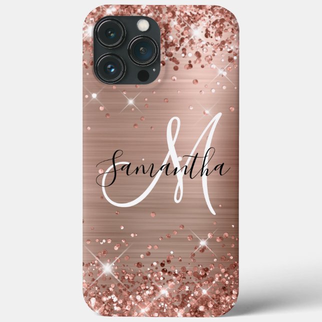Glittery Rose Gold Foil Black and White Monogram Case-Mate iPhone Case (Back)