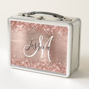 Glittery Rose Gold Foil Black and White Monogram Metal Lunch Box