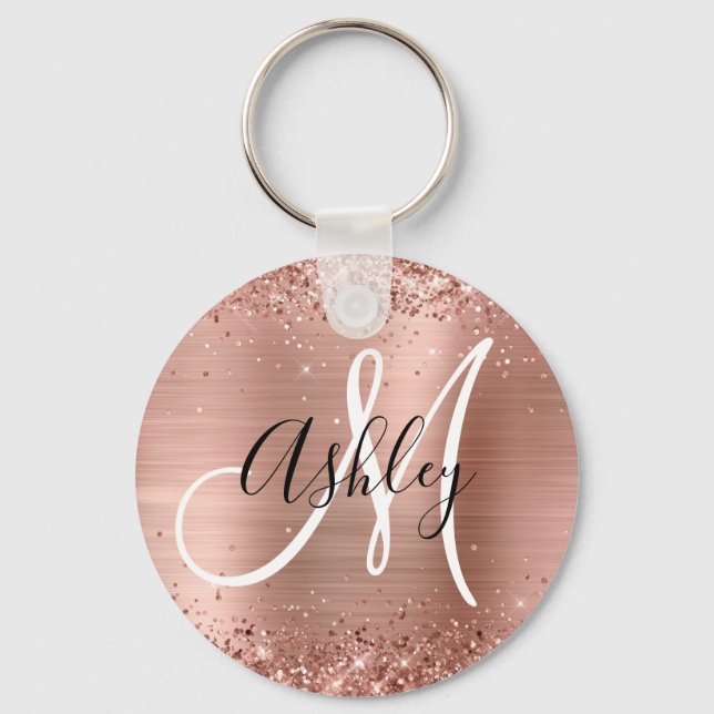 Glittery Rose Gold Foil Black White Monogrammed Key Ring (Front)