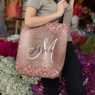 Glittery Rose Gold Foil Black White Monogrammed Tote Bag
