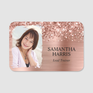 Glittery Rose Gold Foil Brushstroke Photo Name Tag