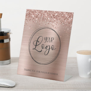 Glittery Rose Gold Foil Business Logo Pedestal Sign