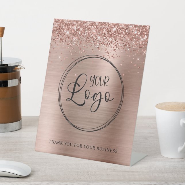 Glittery Rose Gold Foil Business Logo Pedestal Sign (In SItu)