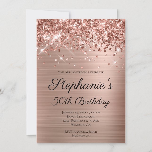 Glittery Rose Gold Foil Elegant 50th Birthday Invitation (Front)