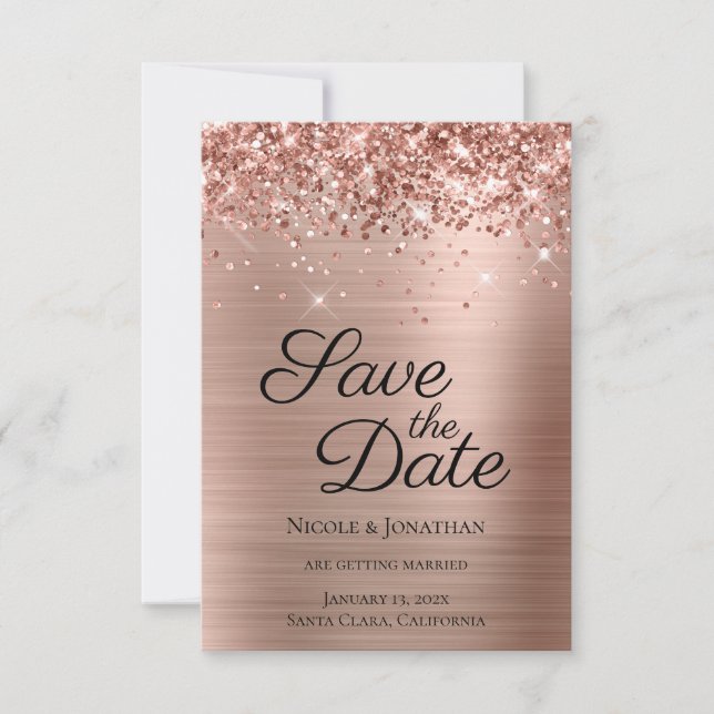 Glittery Rose Gold Foil Elegant Calligraphy Save The Date (Front)