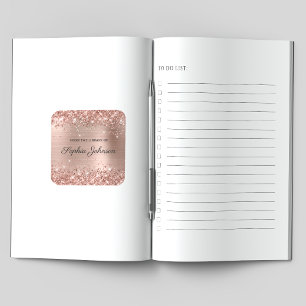 Glittery Rose Gold Foil Elegant Script Bookplate Square Sticker