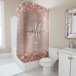 Glittery Rose Gold Foil Family Monogram Shower Curtain