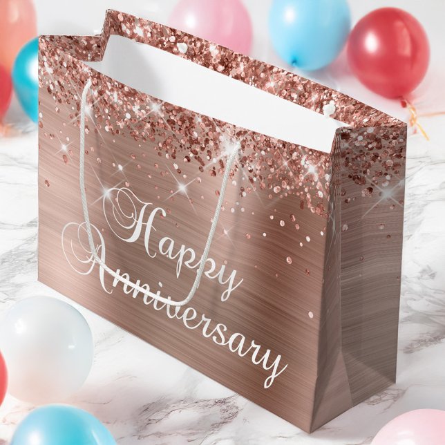 Glittery Rose Gold Foil Fancy Happy Anniversary Large Gift Bag (Glittery Rose Gold Foil Fancy Happy Anniversary Large Gift Bag)