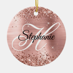 Glittery Rose Gold Foil Fancy Monogram Ceramic Tree Decoration