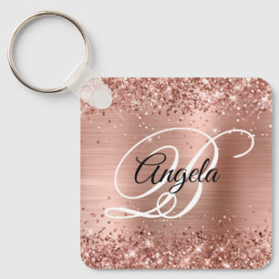 Glittery Rose Gold Foil Fancy Monogram Key Ring