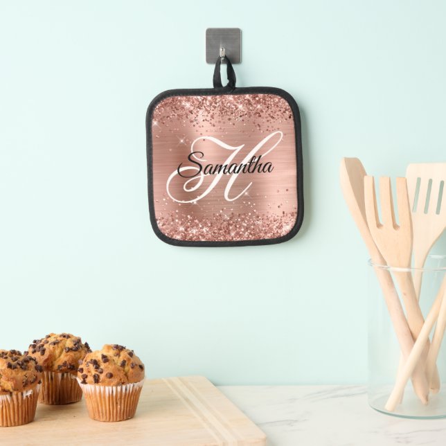 Glittery Rose Gold Foil Fancy Monogram Pot Holder (Insitu(Hanging))