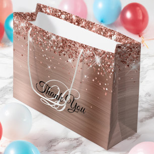 Glittery Rose Gold Foil Fancy Monogram Thank You Large Gift Bag
