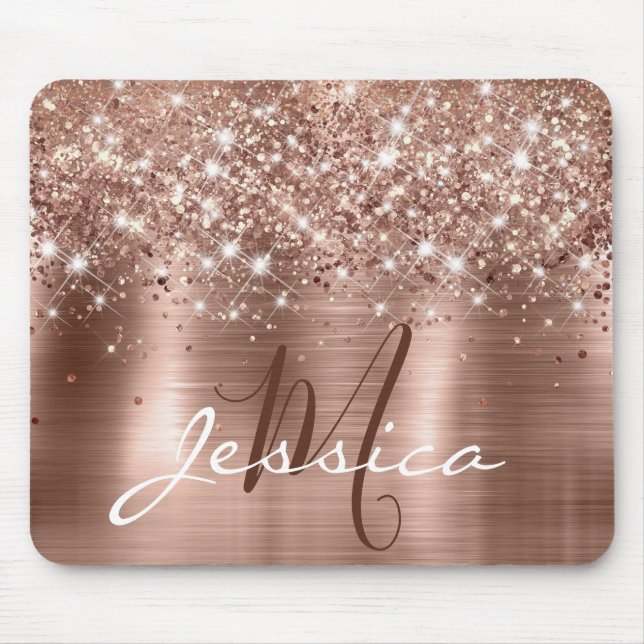 Glittery Rose Gold Foil Faux Glitter Monogram Mouse Pad (Front)