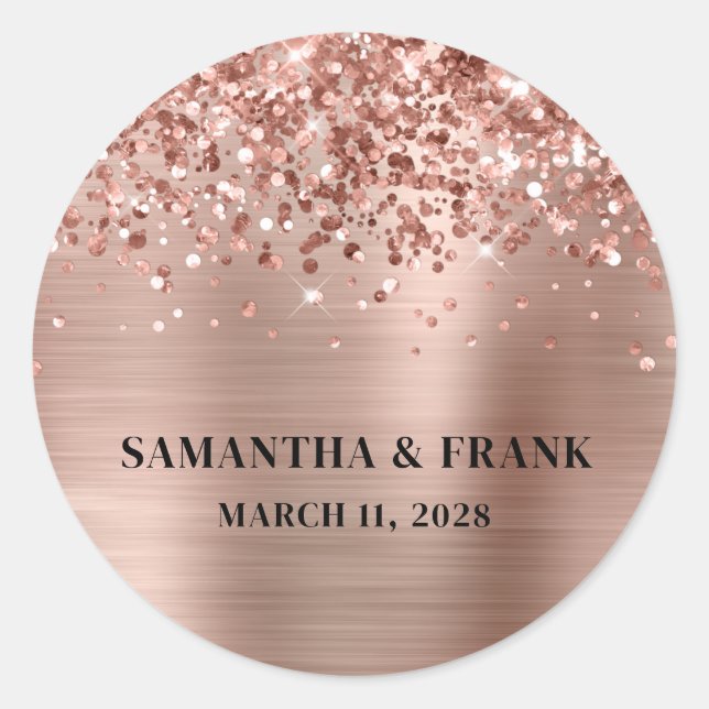 Glittery Rose Gold Foil Glam Wedding Classic Round Sticker (Front)