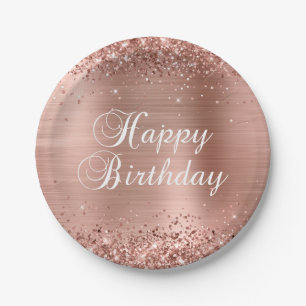 Glittery Rose Gold Foil Happy Birthday Paper Plate