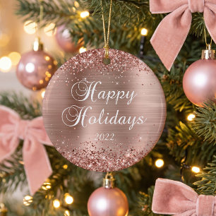 Glittery Rose Gold Foil Happy Holidays Photo Ceramic Tree Decoration