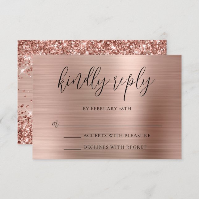 Glittery Rose Gold Foil Kindly Reply Wedding RSVP Card (Front/Back)