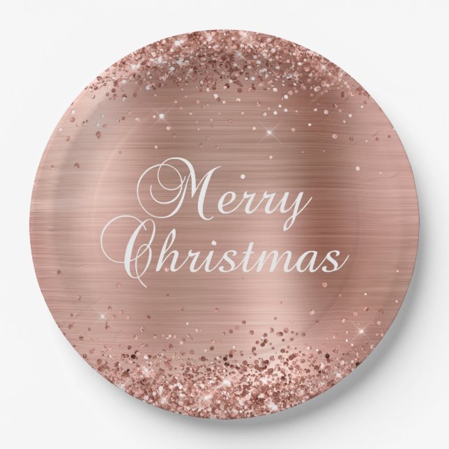 Glittery Rose Gold Foil Merry Christmas Paper Plate (Front)
