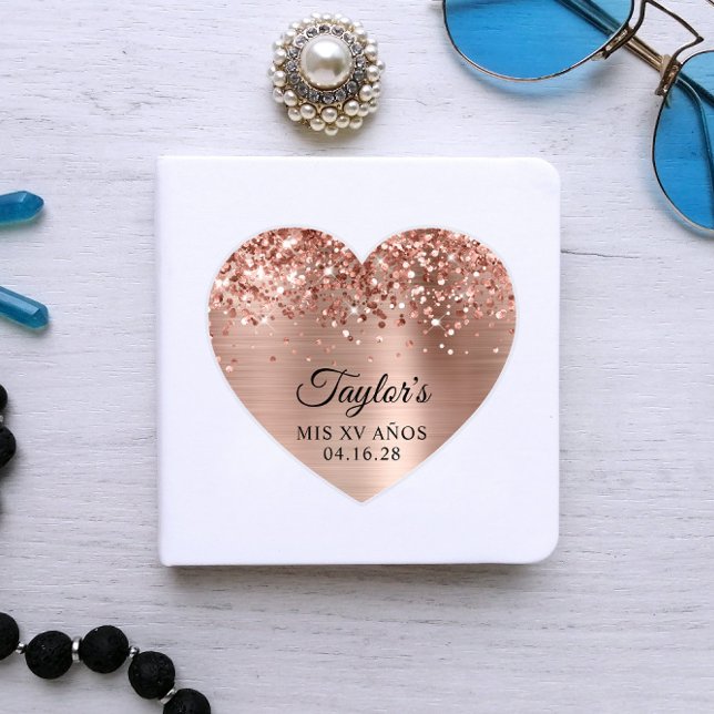 Glittery Rose Gold Foil Mis XV Años Heart Shape (Rose Gold Heart Shape Sticker for a Guestbook)