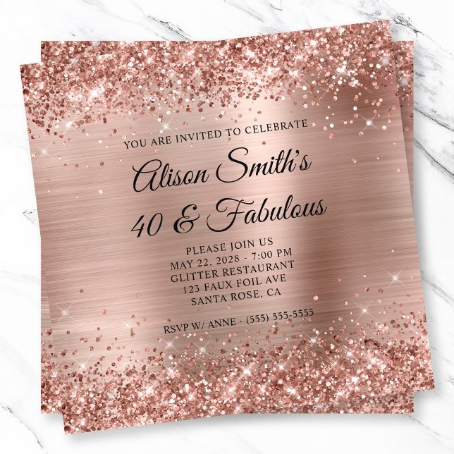 Glittery Rose Gold Foil Monogram 40 & Fabulous Invitation (Glittery Rose Gold Foil Monogram 40 & Fabulous Invitation)