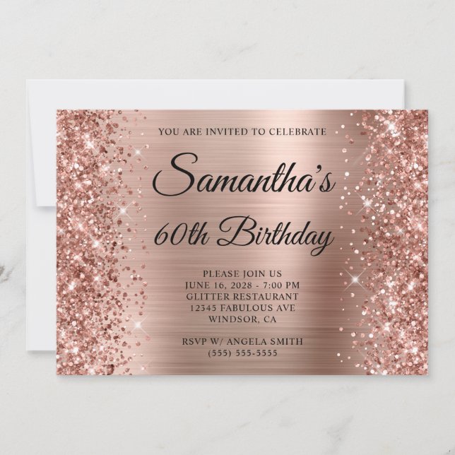 Glittery Rose Gold Foil Monogram 60th Birthday Invitation (Front)
