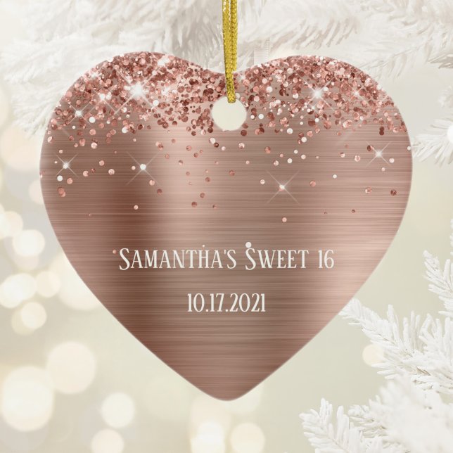 Glittery Rose Gold Foil Personalized Sweet 16 Ceramic Tree Decoration (Glittery Rose Gold Foil Personalized Sweet 16 Ceramic Ornament)