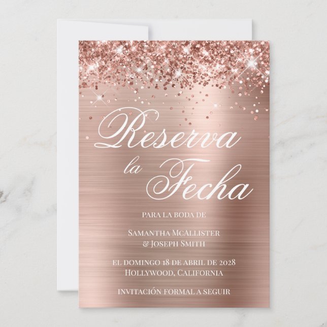 Glittery Rose Gold Foil Photo Reserva La Fecha Invitation (Front)