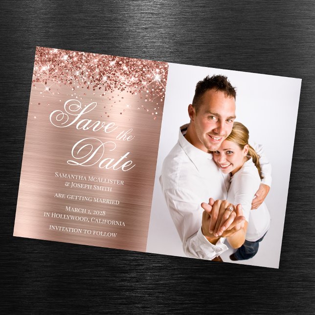 Glittery Rose Gold Foil Photo Save the Date Magnetic Invitation (Creator Uploaded)