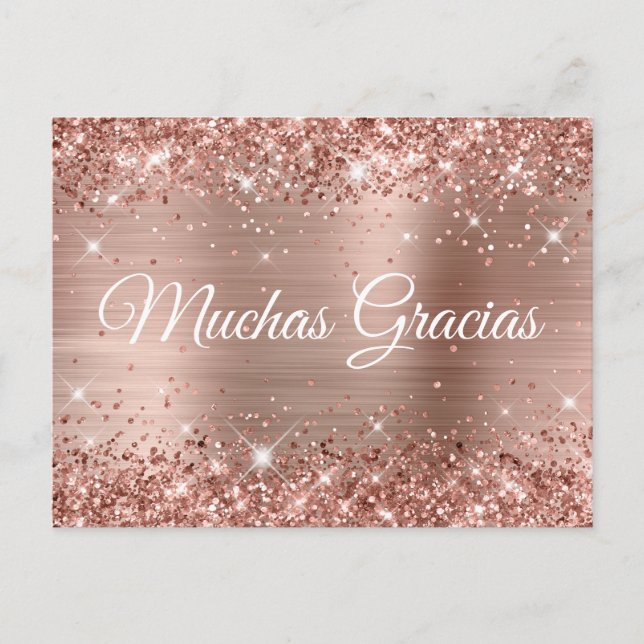 Glittery Rose Gold Foil Quinceañera Muchas Gracias Postcard (Front)