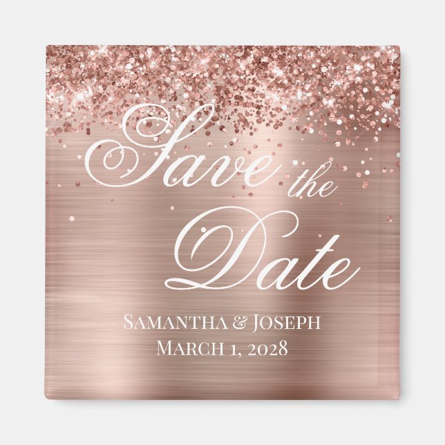 Glittery Rose Gold Foil Save the Date Magnet (Front)