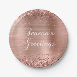 Glittery Rose Gold Foil Seasons Greetings Paper Plate