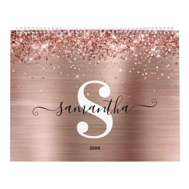 Glittery Rose Gold Foil Signature Monogram Photo Calendar (Cover)