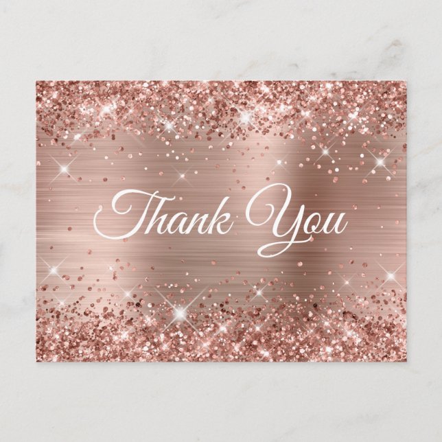 Glittery Rose Gold Foil Sweet 16 Thank You Postcard (Front)