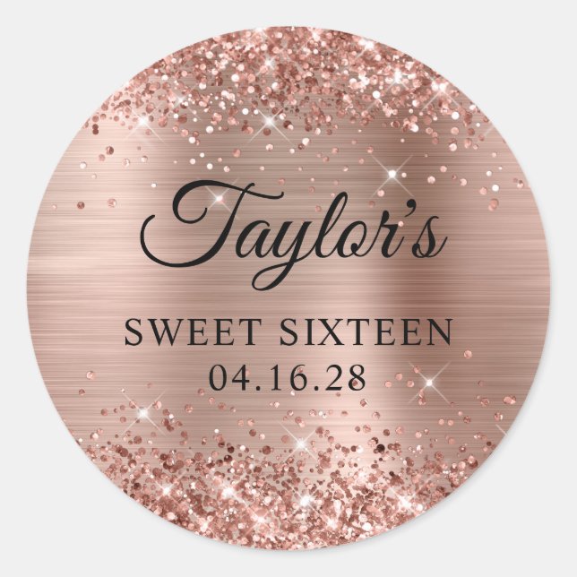 Glittery Rose Gold Foil Sweet Sixteen Birthday Classic Round Sticker (Front)