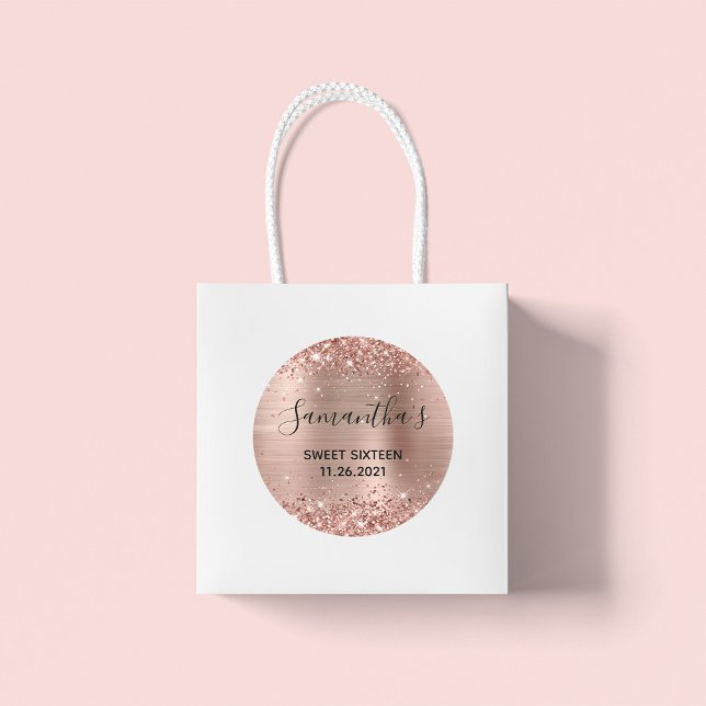 Glittery Rose Gold Foil Sweet Sixteen Classic Round Sticker (Large Round Favor Stickers)