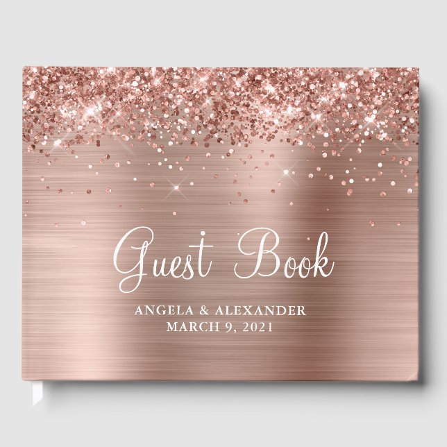 Glittery Rose Gold Foil Wedding Guest Book (Front)