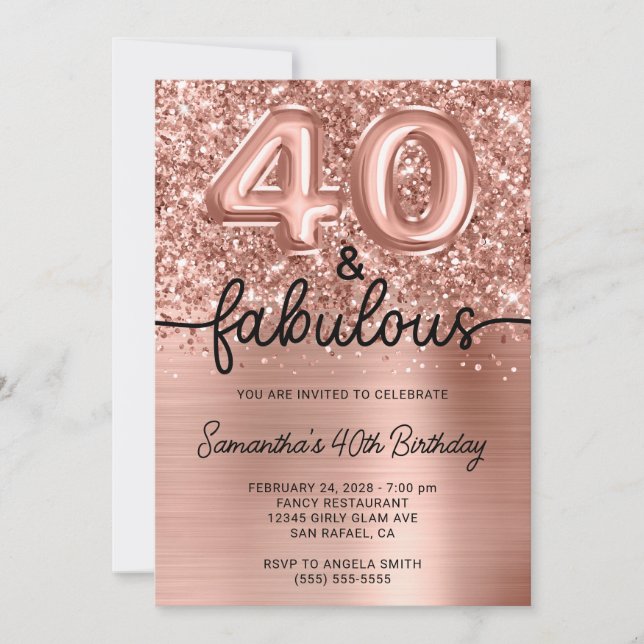 Glittery Rose Gold Glam 40 and Fabulous Invitation (Front)