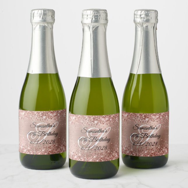 Glittery Rose Gold Glam 40th Birthday Monogram Sparkling Wine Label (Bottles)