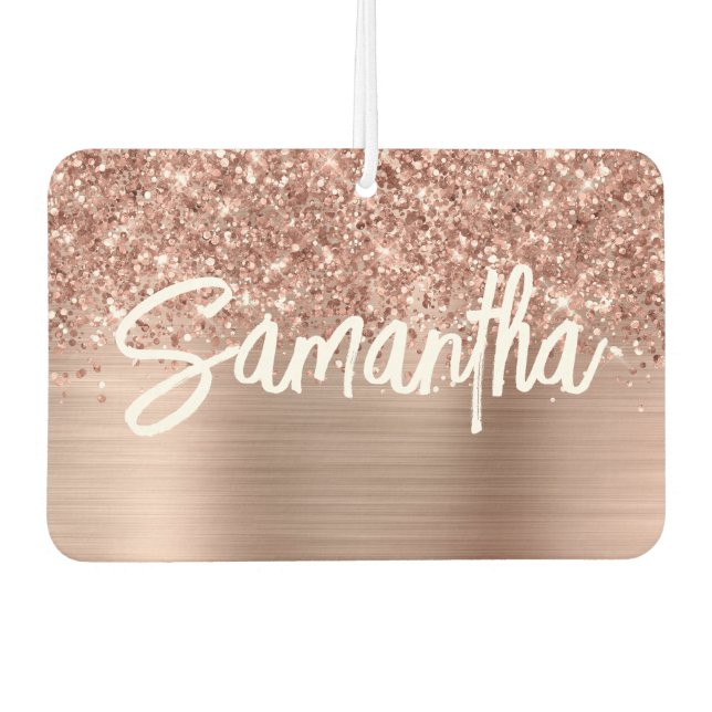 Glittery Rose Gold Glam Brush Script Name Car Air Freshener (Front)