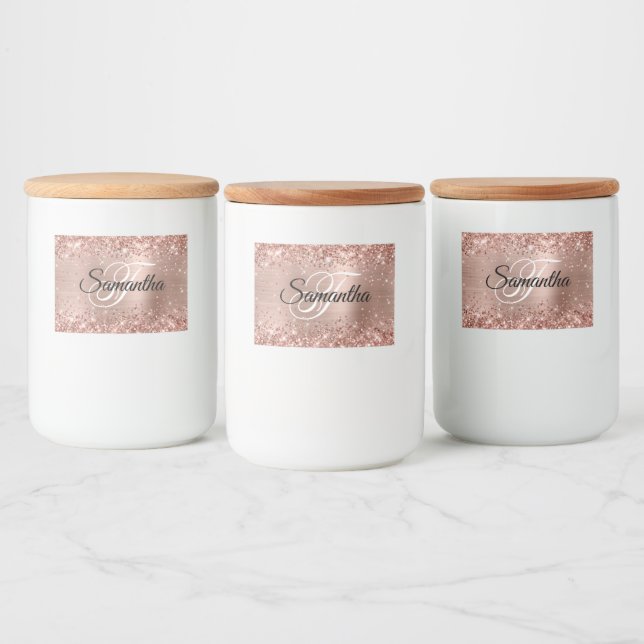 Glittery Rose Gold Glam Fancy Monogram Food Label (Bottles)