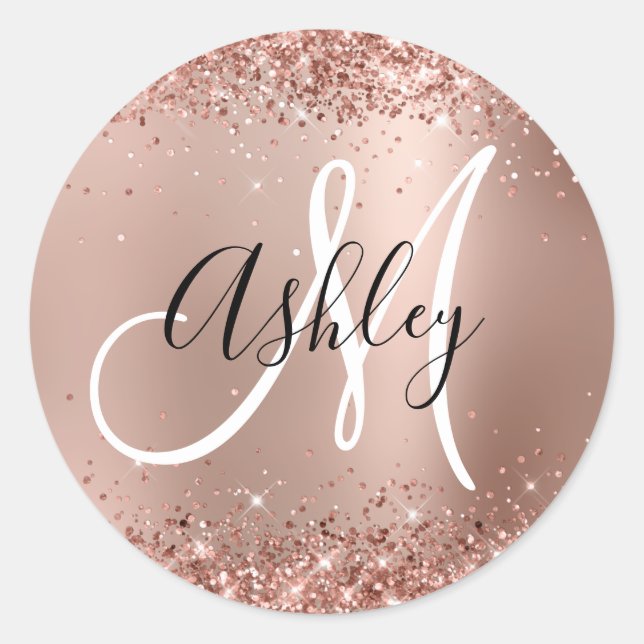 Glittery Rose Gold Glam Gradient Monogram Classic Round Sticker (Front)