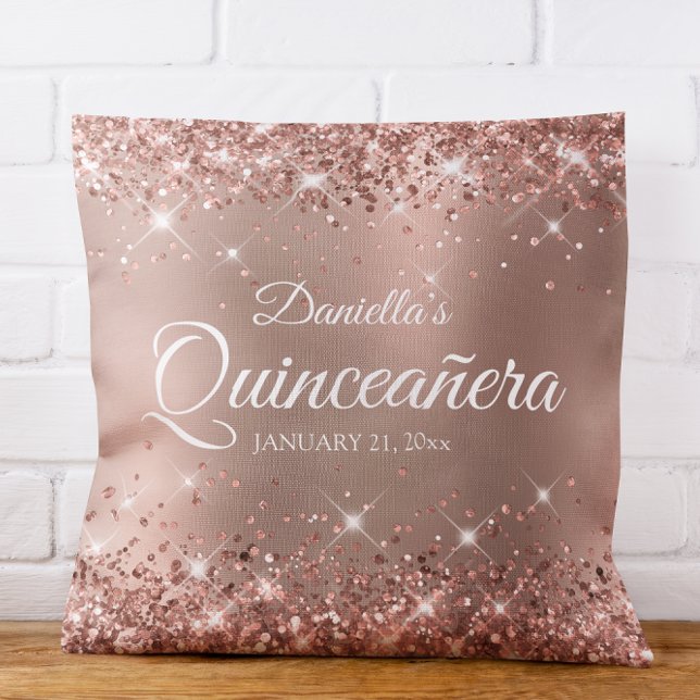 Glittery Rose Gold Glam Gradient Quinceañera 15 Cushion (Glittery Rose Gold Glam Gradient Quinceañera 15 Throw Pillow)