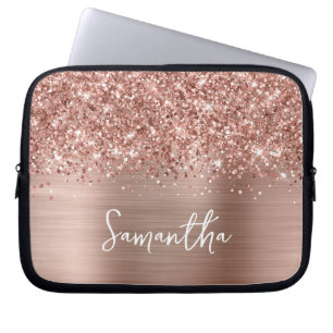 Glittery Rose Gold Glam Modern Handwritten Name Laptop Sleeve