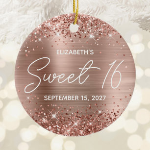 Glittery Rose Gold Glam Modern Sweet 16 Photo Ceramic Tree Decoration