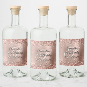 Glittery Rose Gold Glam Monogram 21st Birthday Liquor Bottle Label