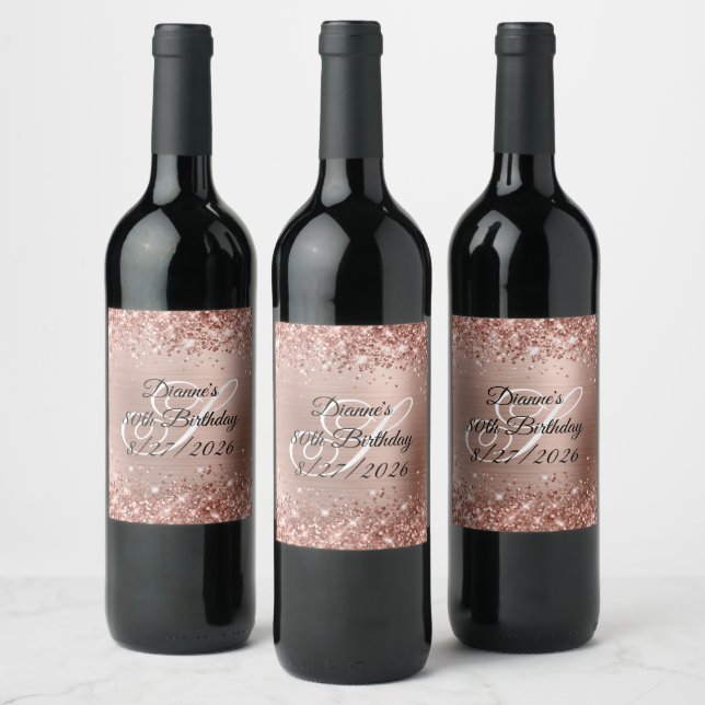 Glittery Rose Gold Glam Monogram 80th Birthday Wine Label (Bottles)