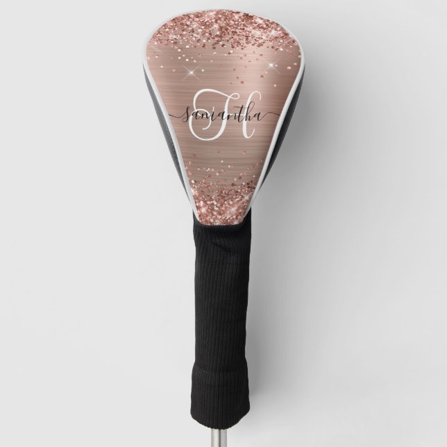 Glittery Rose Gold Glam Monogrammed Golf Head Cover (Front)
