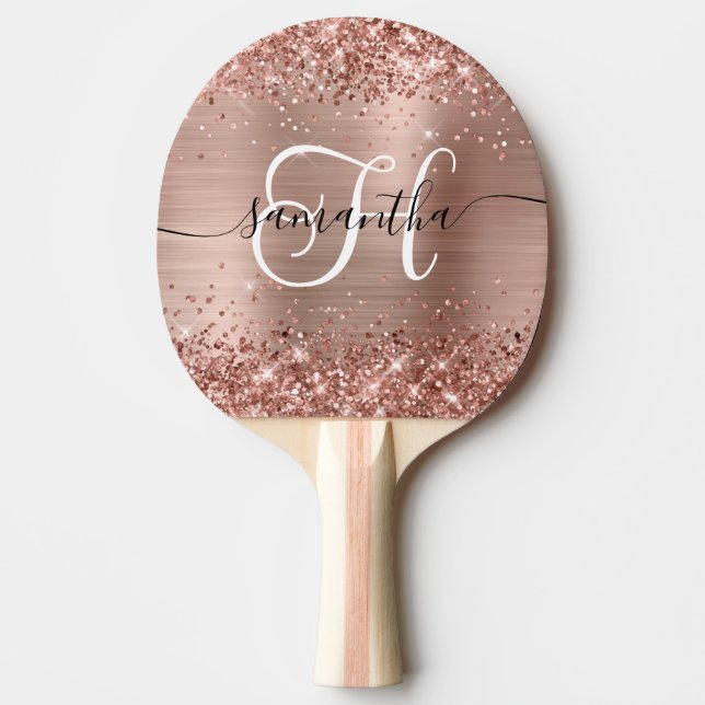 Glittery Rose Gold Glam Monogrammed Ping Pong Paddle (Front)