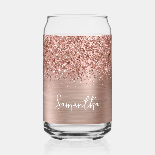 Glittery Rose Gold Glam Name Can Glass (Front)